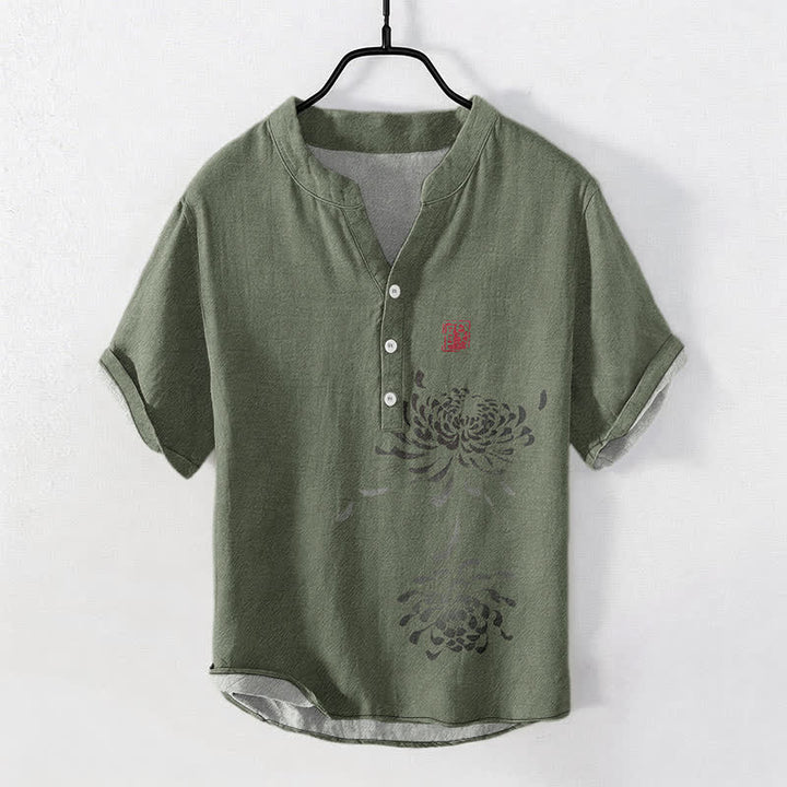 Buddha Stones Camicia da uomo a maniche corte con mezzo bottone, stampata su cotone e con motivo a crisantemi e foche. - Verde oliva scuro - US/UK/AU50, EU60 (5XL) - image 5