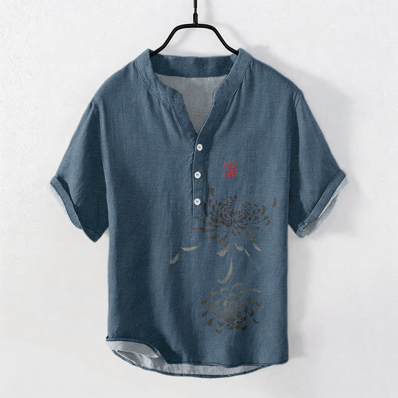Buddha Stones Camicia da uomo a maniche corte con mezzo bottone, stampata su cotone e con motivo a crisantemi e foche. - SteelBlue - US/UK/AU50, EU60 (5XL) - image 7