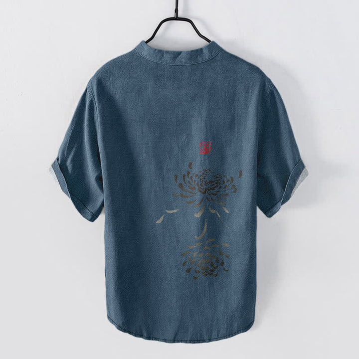 Buddha Stones Camicia da uomo a maniche corte con mezzo bottone, stampata su cotone e con motivo a crisantemi e foche. - image 8