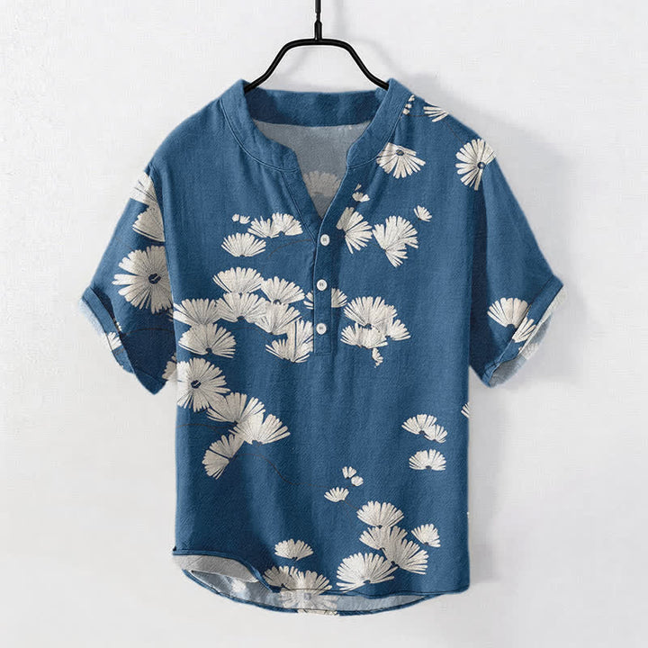 Buddha Stones Camicia da uomo a maniche corte con mezza abbottonatura, in cotone bianco con motivo a margherite. - Blu reale - US/UK/AU50, EU60 (5XL) - image 0