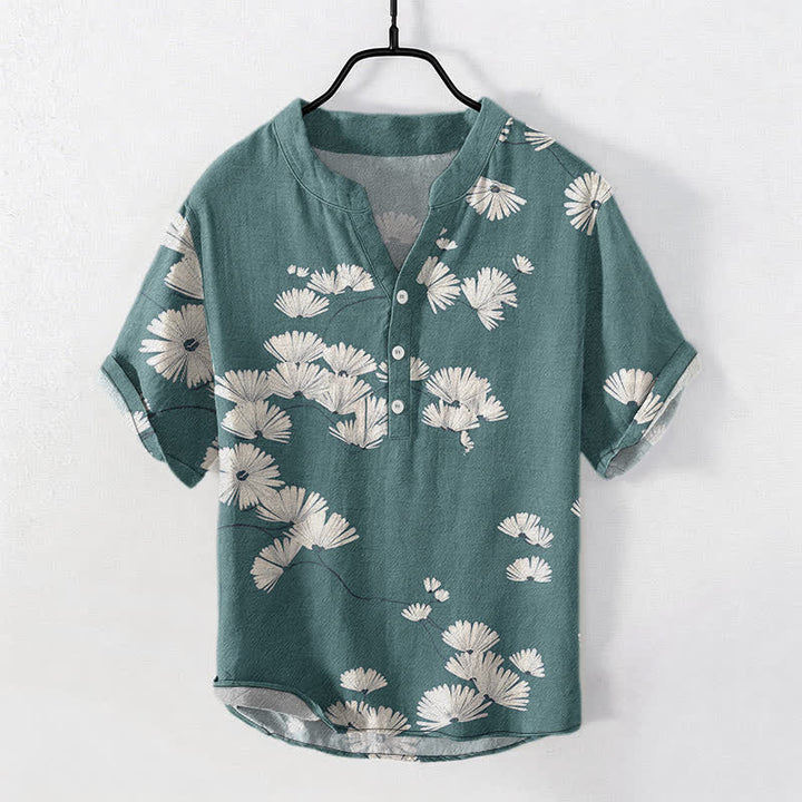 Buddha Stones Camicia da uomo a maniche corte con mezza abbottonatura, in cotone bianco con motivo a margherite. - Verde acqua - US/UK/AU50, EU60 (5XL) - image 5