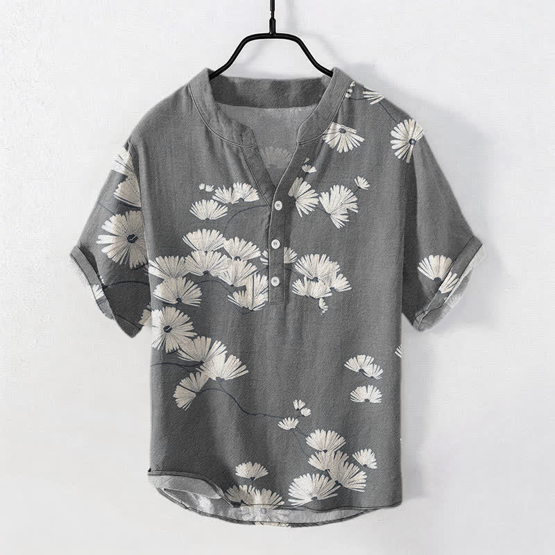 Buddha Stones Camicia da uomo a maniche corte con mezza abbottonatura, in cotone bianco con motivo a margherite. - Grigio - US/UK/AU50, EU60 (5XL) - image 7