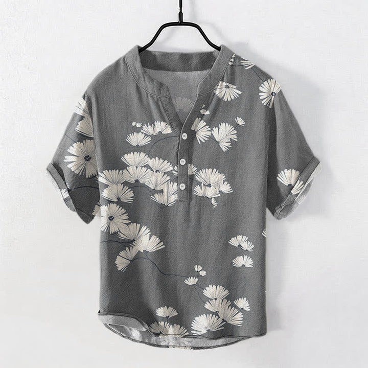 Buddha Stones Camicia da uomo a maniche corte con mezza abbottonatura, in cotone bianco con motivo a margherite. - Grigio - US/UK/AU50, EU60 (5XL) - image 7