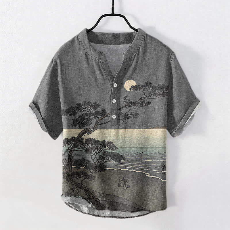 Buddha Stones Camicia da uomo a maniche corte con mezza abbottonatura, in cotone, con motivo "Costa al chiaro di luna" e pini. - Grigio - US/UK/AU50, EU60 (5XL) - image 5