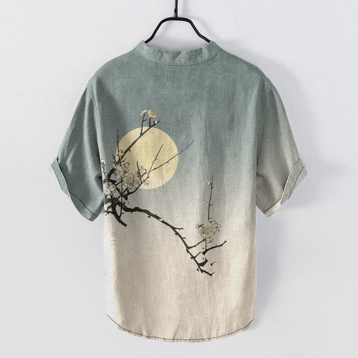 Buddha Stones Camicia da uomo a maniche corte con mezza abbottonatura, in cotone, con motivo a fiori di pruno e luna. - image 6