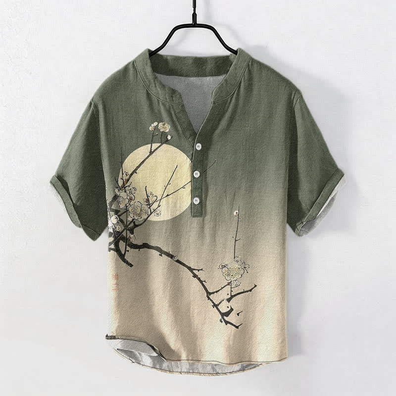 Buddha Stones Camicia da uomo a maniche corte con mezza abbottonatura, in cotone, con motivo a fiori di pruno e luna. - Verde oliva scuro - US/UK/AU50, EU60 (5XL) - image 7