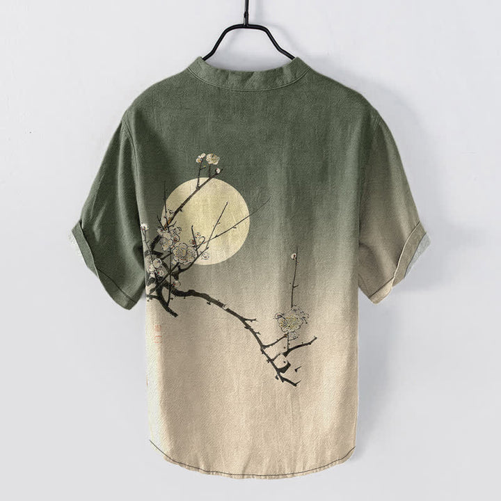 Buddha Stones Camicia da uomo a maniche corte con mezza abbottonatura, in cotone, con motivo a fiori di pruno e luna. - image 8