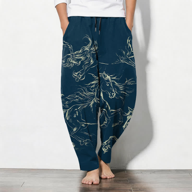 Buddha Stones Pantaloni da uomo affusolati con coulisse e tasche, in puro cotone, con motivo a cavalli al galoppo. - Marina - US/UK/AU50, EU60 (5XL) - image 0