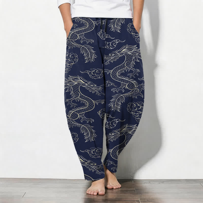 Buddha Stones Pantaloni da uomo affusolati in puro cotone con motivo drago orientale e nuvole, con coulisse e tasche. - Marina - US/UK/AU50, EU60 (5XL) - image 0