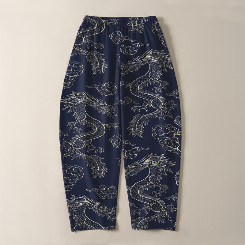 Buddha Stones Pantaloni da uomo affusolati in puro cotone con motivo drago orientale e nuvole, con coulisse e tasche. - image 3