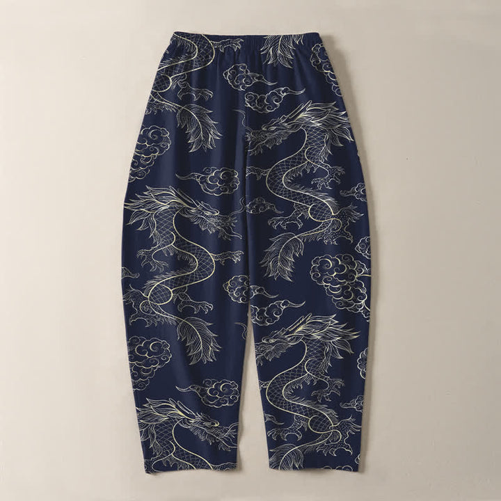 Buddha Stones Pantaloni da uomo affusolati in puro cotone con motivo drago orientale e nuvole, con coulisse e tasche. - image 3