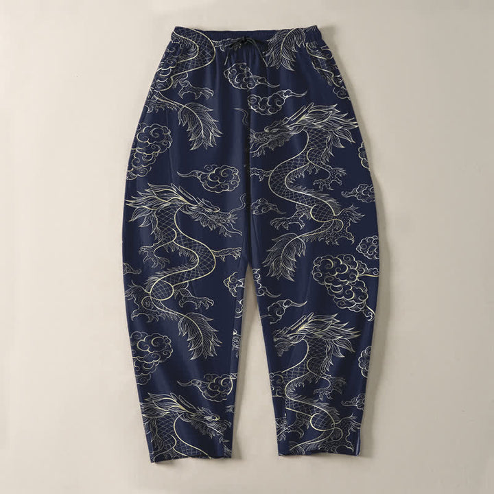 Buddha Stones Pantaloni da uomo affusolati in puro cotone con motivo drago orientale e nuvole, con coulisse e tasche. - image 2