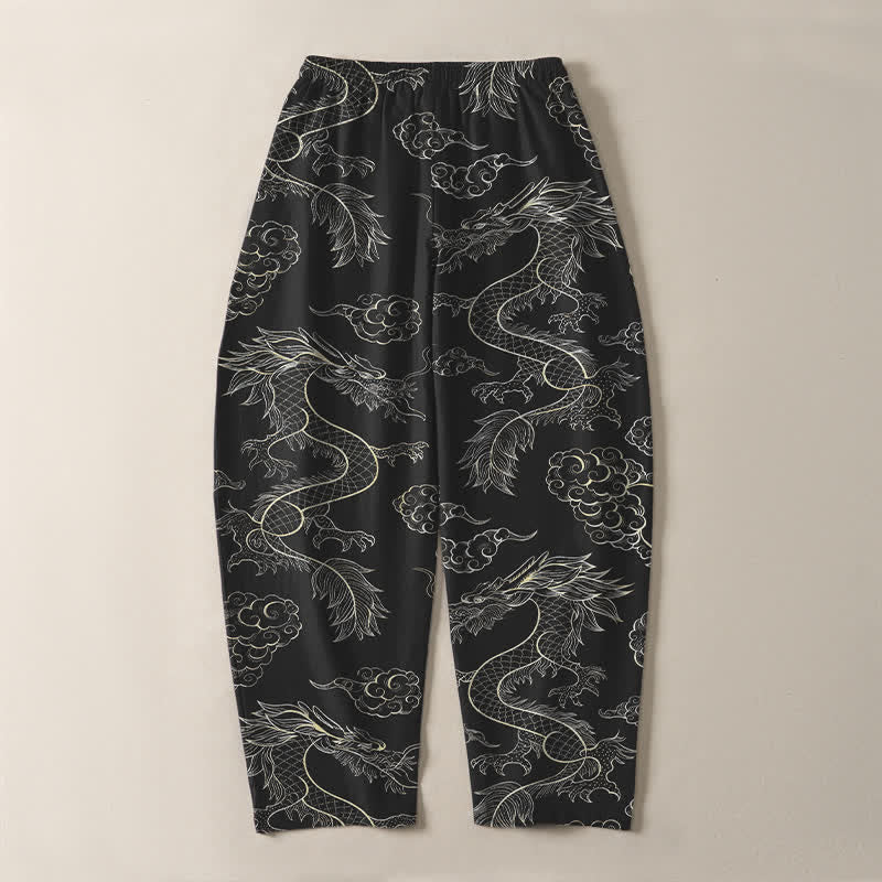 Buddha Stones Pantaloni da uomo affusolati in puro cotone con motivo drago orientale e nuvole, con coulisse e tasche. - image 10