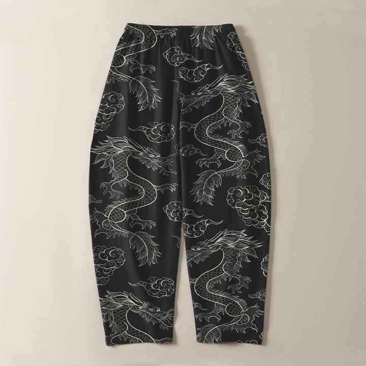 Buddha Stones Pantaloni da uomo affusolati in puro cotone con motivo drago orientale e nuvole, con coulisse e tasche. - image 10