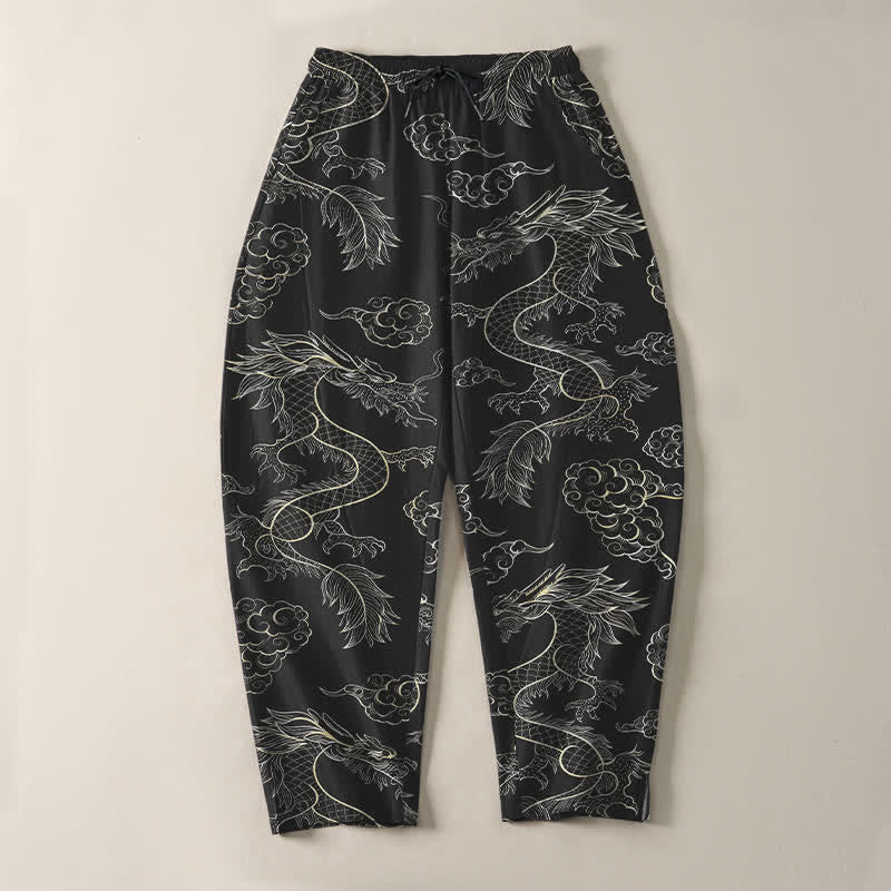 Buddha Stones Pantaloni da uomo affusolati in puro cotone con motivo drago orientale e nuvole, con coulisse e tasche. - image 9