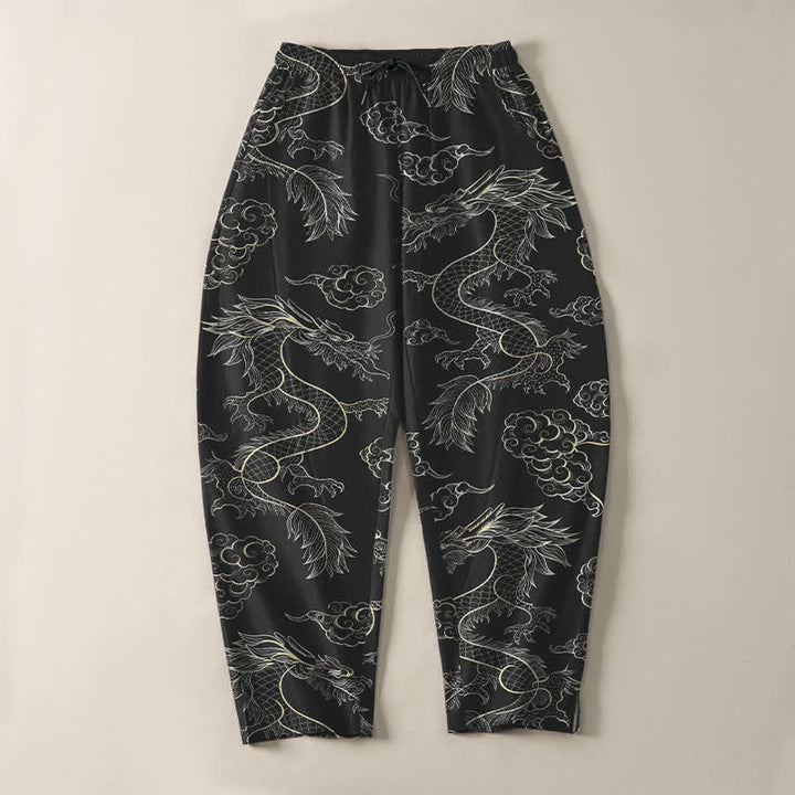 Buddha Stones Pantaloni da uomo affusolati in puro cotone con motivo drago orientale e nuvole, con coulisse e tasche. - image 9