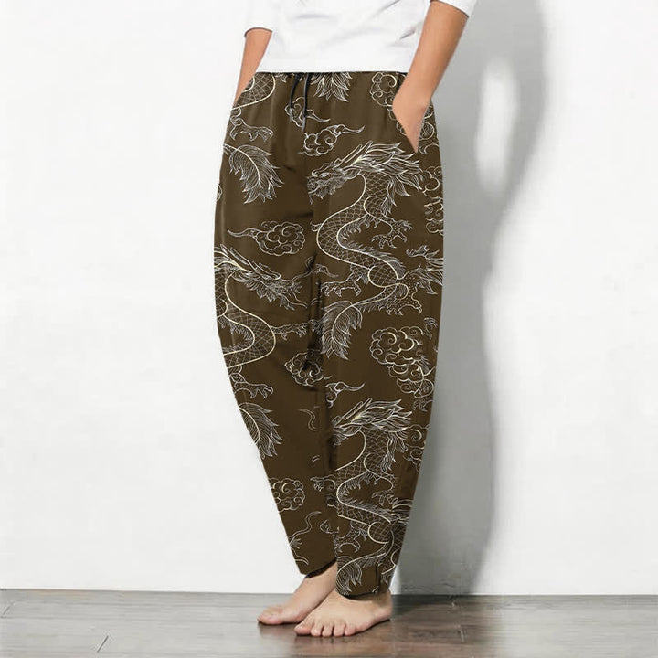 Buddha Stones Pantaloni da uomo affusolati in puro cotone con motivo drago orientale e nuvole, con coulisse e tasche. - image 12