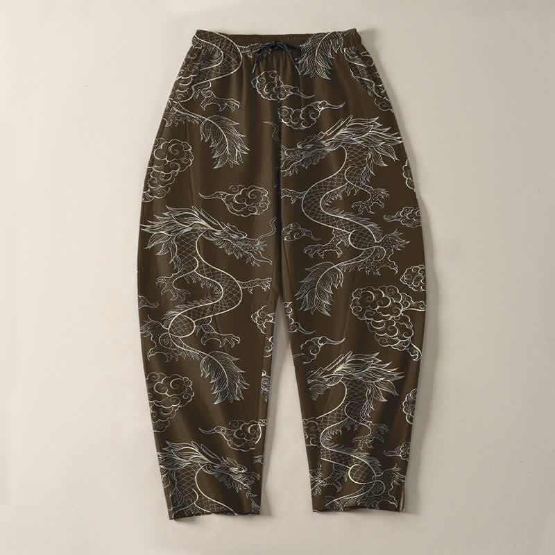 Buddha Stones Pantaloni da uomo affusolati in puro cotone con motivo drago orientale e nuvole, con coulisse e tasche. - image 13