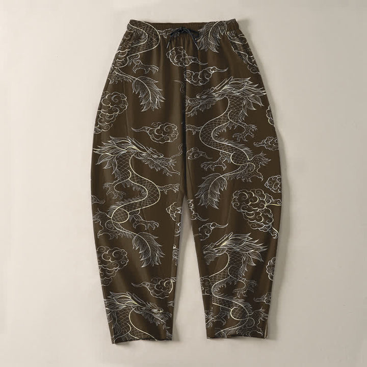 Buddha Stones Pantaloni da uomo affusolati in puro cotone con motivo drago orientale e nuvole, con coulisse e tasche. - image 13