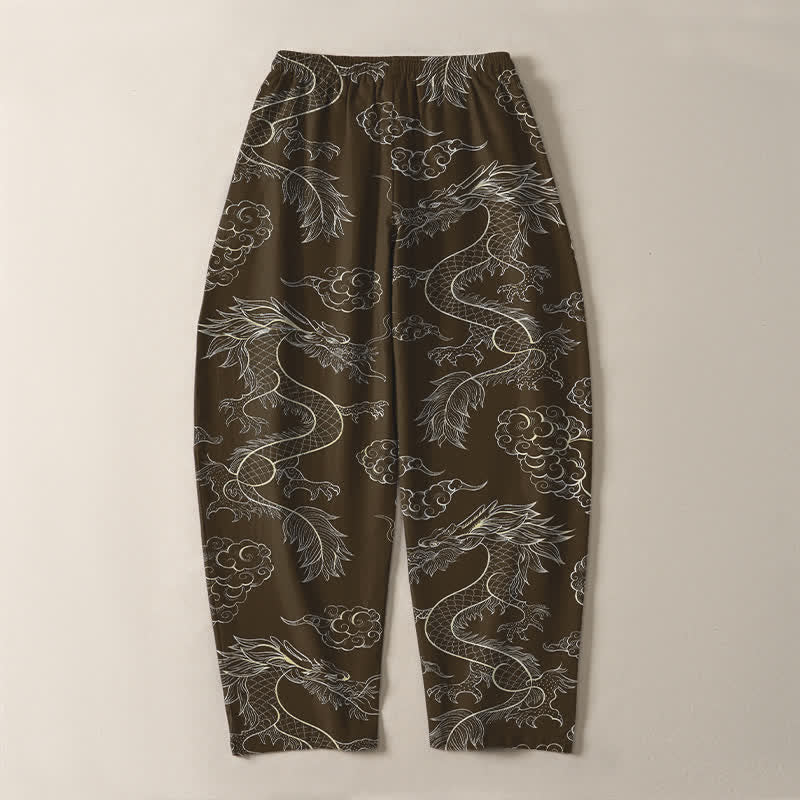 Buddha Stones Pantaloni da uomo affusolati in puro cotone con motivo drago orientale e nuvole, con coulisse e tasche. - image 14