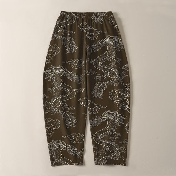 Buddha Stones Pantaloni da uomo affusolati in puro cotone con motivo drago orientale e nuvole, con coulisse e tasche. - image 14