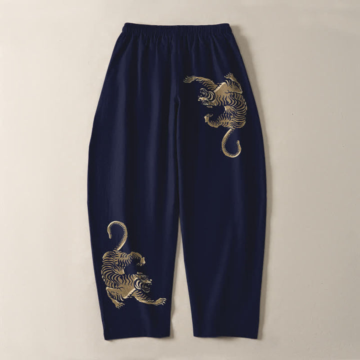 Buddha Stones Pantaloni da uomo affusolati in puro cotone con motivo tigre dorata e coulisse, con tasche. - image 10