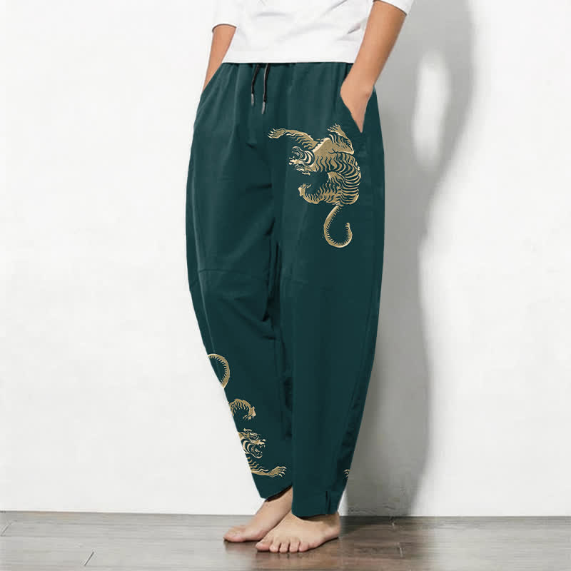 Buddha Stones Pantaloni da uomo affusolati in puro cotone con motivo tigre dorata e coulisse, con tasche. - image 12