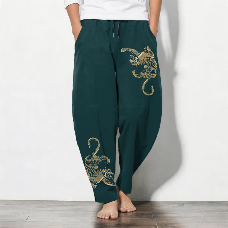 Buddha Stones Pantaloni da uomo affusolati in puro cotone con motivo tigre dorata e coulisse, con tasche. - Grigio ardesia scuro - US/UK/AU50, EU60 (5XL) - image 11
