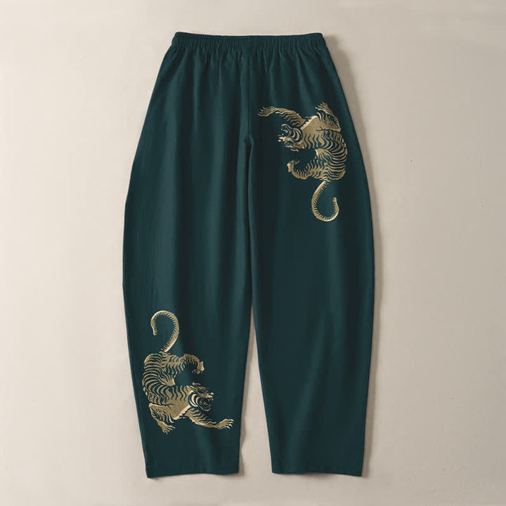 Buddha Stones Pantaloni da uomo affusolati in puro cotone con motivo tigre dorata e coulisse, con tasche. - image 14