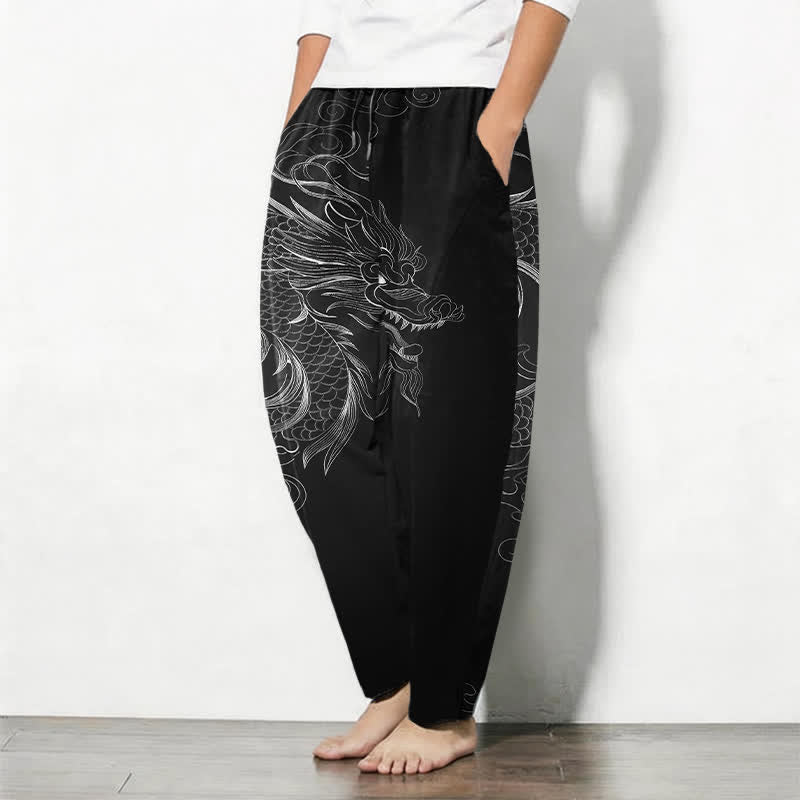 Buddha Stones Pantaloni da uomo affusolati con coulisse e tasche, in puro cotone, con motivo a disegno di drago. - image 1