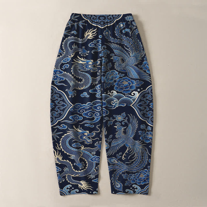 Buddha Stones Pantaloni da uomo affusolati con coulisse e tasche, in puro cotone, con motivo drago azzurro e nuvole. - image 3