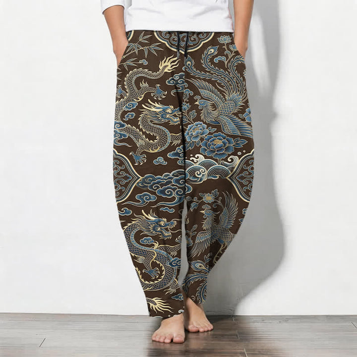 Buddha Stones Pantaloni da uomo affusolati con coulisse e tasche, in puro cotone, con motivo drago azzurro e nuvole. - Marrone sella - US/UK/AU50, EU60 (5XL) - image 7