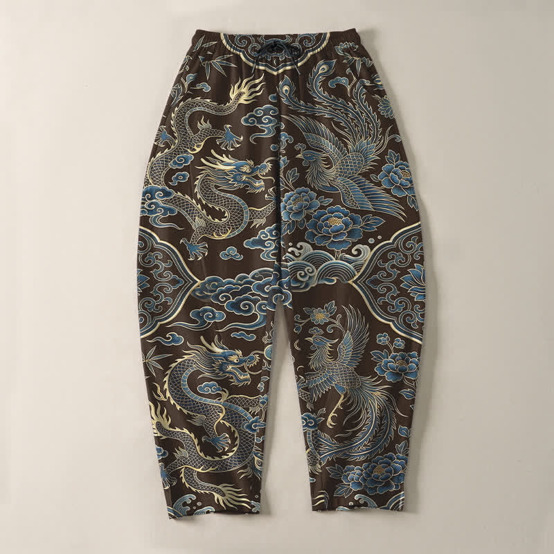 Buddha Stones Pantaloni da uomo affusolati con coulisse e tasche, in puro cotone, con motivo drago azzurro e nuvole. - image 9