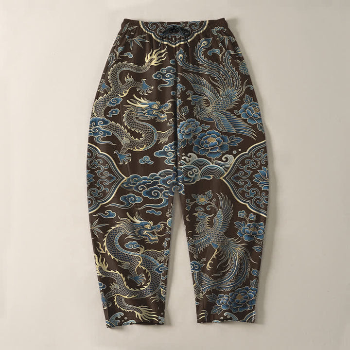 Buddha Stones Pantaloni da uomo affusolati con coulisse e tasche, in puro cotone, con motivo drago azzurro e nuvole. - image 9