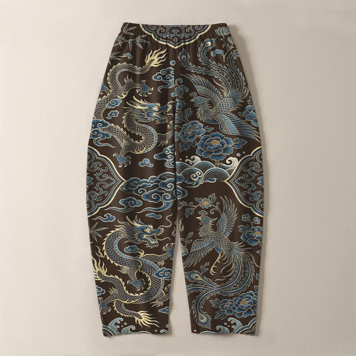 Buddha Stones Pantaloni da uomo affusolati con coulisse e tasche, in puro cotone, con motivo drago azzurro e nuvole. - image 10