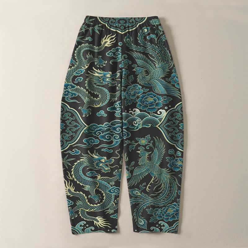 Buddha Stones Pantaloni da uomo affusolati con coulisse e tasche, in puro cotone, con motivo drago azzurro e nuvole. - image 14