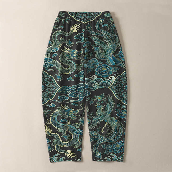 Buddha Stones Pantaloni da uomo affusolati con coulisse e tasche, in puro cotone, con motivo drago azzurro e nuvole. - image 14