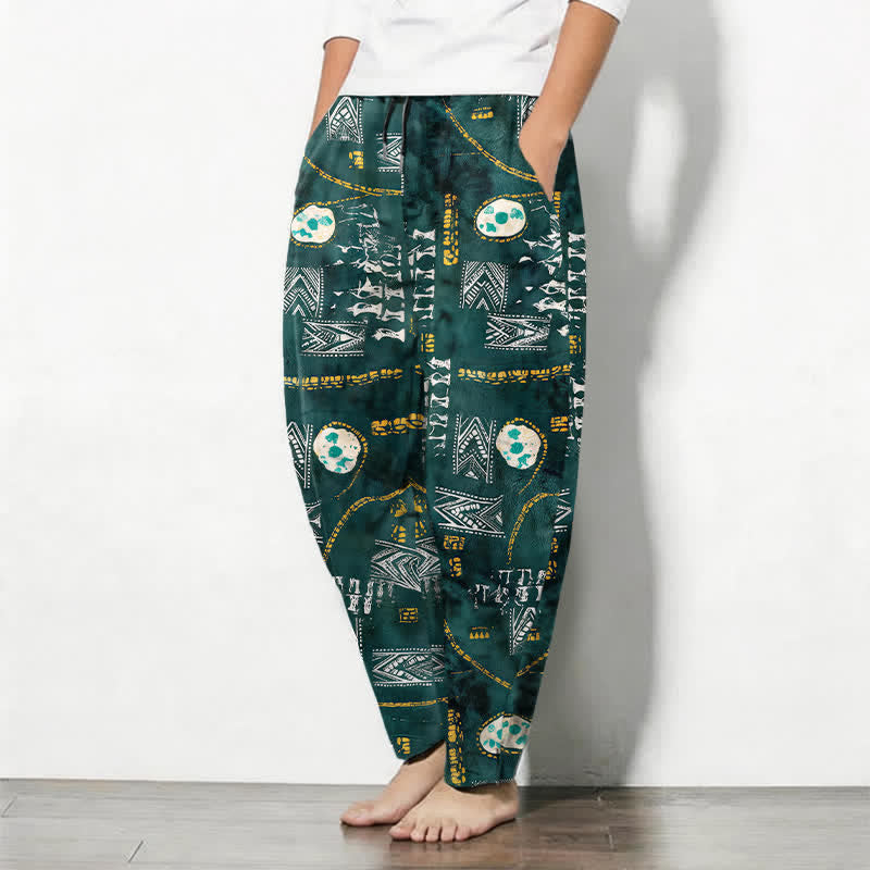 Buddha Stones Pantaloni da uomo affusolati in puro cotone con motivo geometrico a medaglione in stile boho e coulisse, con tasche. - image 1