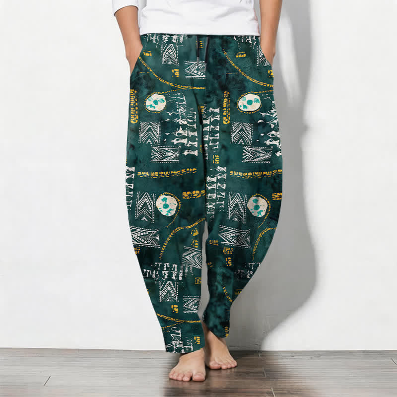 Buddha Stones Pantaloni da uomo affusolati in puro cotone con motivo geometrico a medaglione in stile boho e coulisse, con tasche. - Verde mare - US/UK/AU50, EU60 (5XL) - image 0