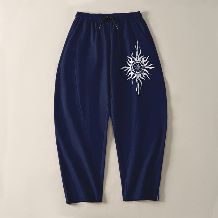 Buddha Stones Pantaloni da uomo affusolati in puro cotone con motivo tribale a sole e coulisse, con tasche. - image 9