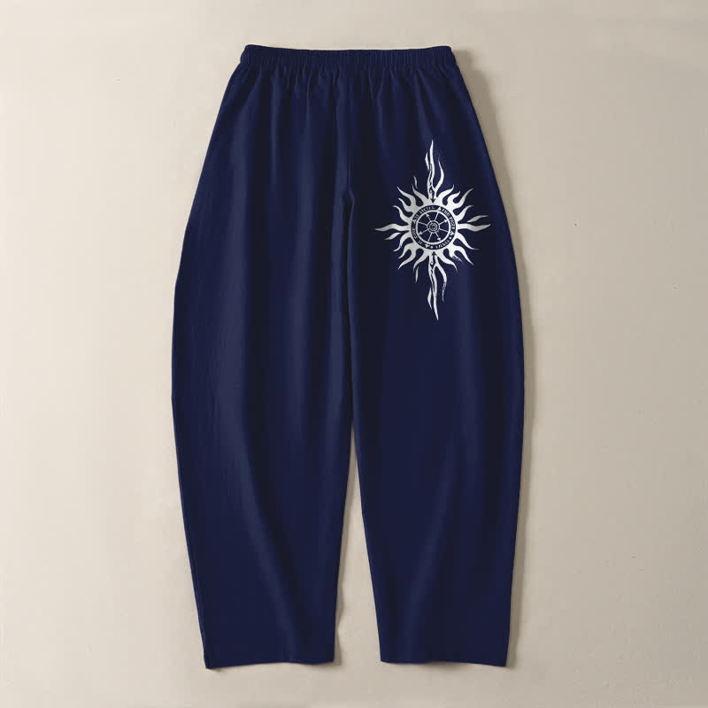 Buddha Stones Pantaloni da uomo affusolati in puro cotone con motivo tribale a sole e coulisse, con tasche. - image 10