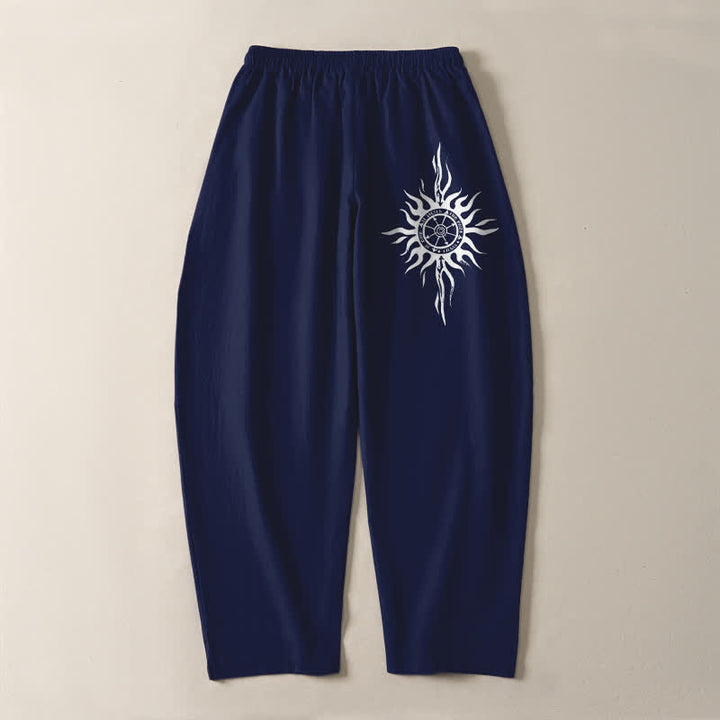 Buddha Stones Pantaloni da uomo affusolati in puro cotone con motivo tribale a sole e coulisse, con tasche. - image 10