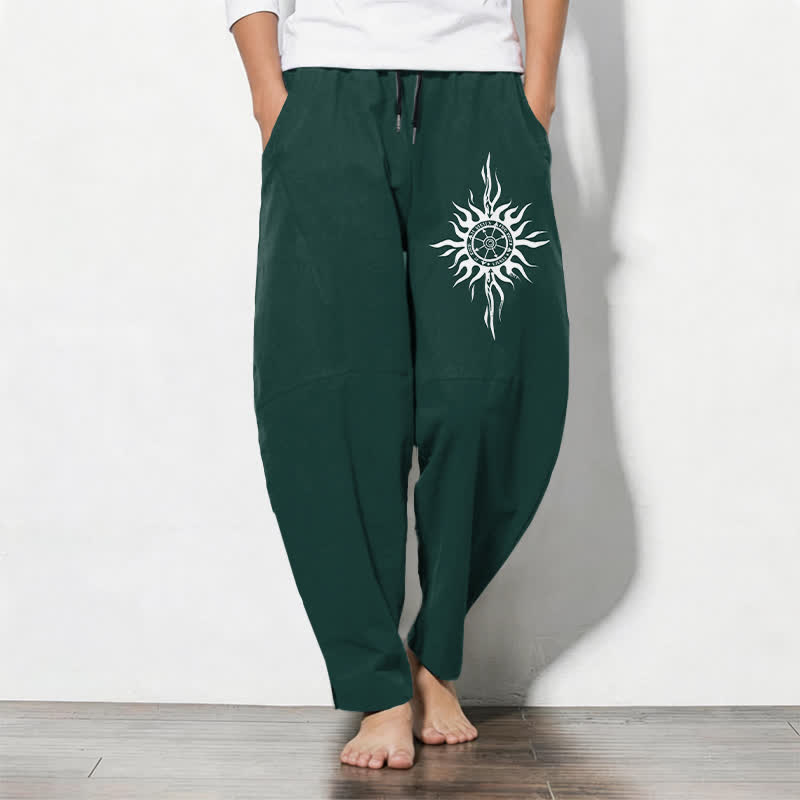 Buddha Stones Pantaloni da uomo affusolati in puro cotone con motivo tribale a sole e coulisse, con tasche. - Verde scuro - US/UK/AU50, EU60 (5XL) - image 11