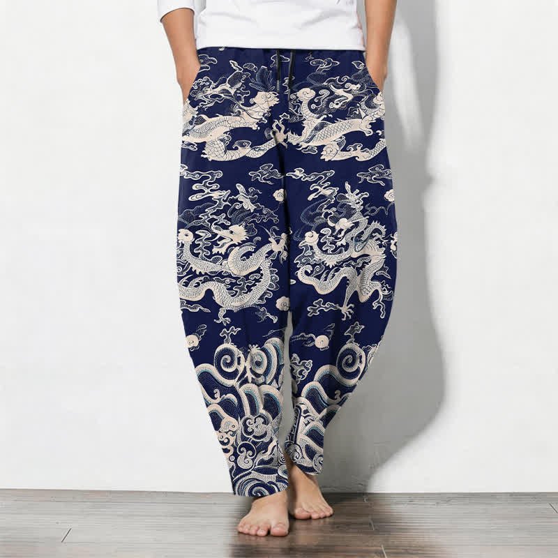 Buddha Stones Pantaloni da uomo affusolati in puro cotone con motivo a onde di drago e coulisse, con tasche. - Marina - US/UK/AU50, EU60 (5XL) - image 0