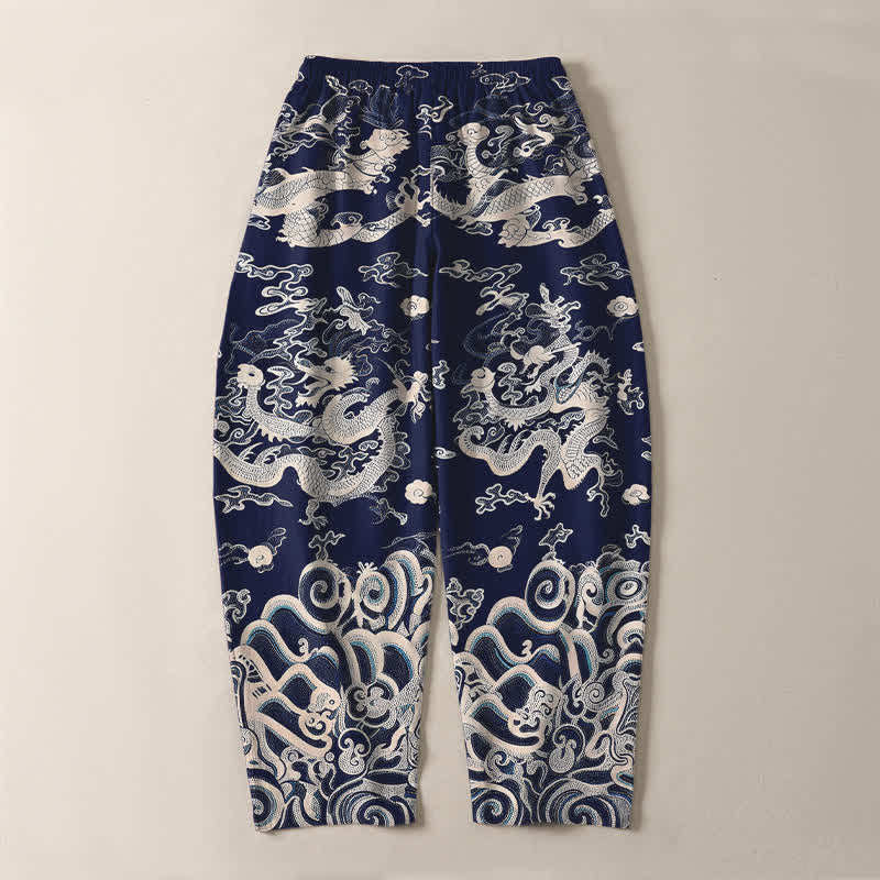 Buddha Stones Pantaloni da uomo affusolati in puro cotone con motivo a onde di drago e coulisse, con tasche. - image 3