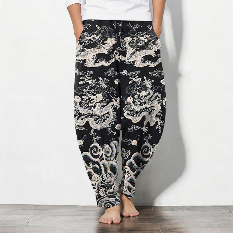 Buddha Stones Pantaloni da uomo affusolati in puro cotone con motivo a onde di drago e coulisse, con tasche. - Nero - US/UK/AU50, EU60 (5XL) - image 7