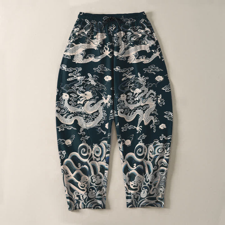 Buddha Stones Pantaloni da uomo affusolati in puro cotone con motivo a onde di drago e coulisse, con tasche. - image 13