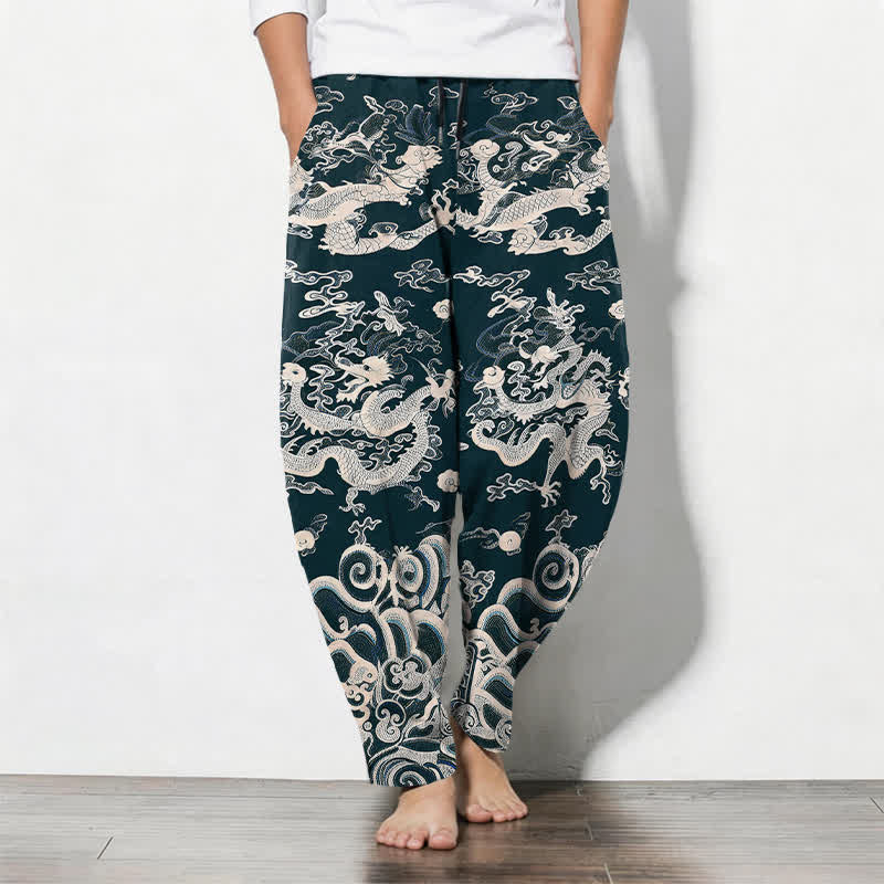 Buddha Stones Pantaloni da uomo affusolati in puro cotone con motivo a onde di drago e coulisse, con tasche. - Verde acqua - US/UK/AU50, EU60 (5XL) - image 11