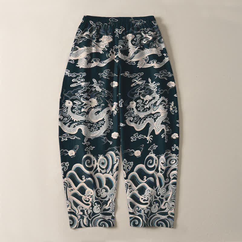 Buddha Stones Pantaloni da uomo affusolati in puro cotone con motivo a onde di drago e coulisse, con tasche. - image 14
