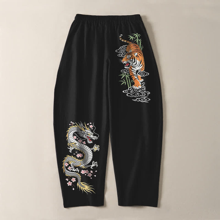Buddha Stones Pantaloni da uomo affusolati con coulisse e tasche, in puro cotone, con stampa tigre e drago. - image 3